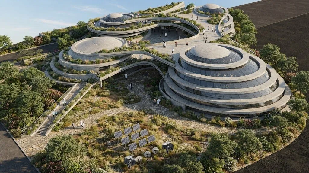 Aerial render of a terraced building with domed, planted roofs set into a green hillside.